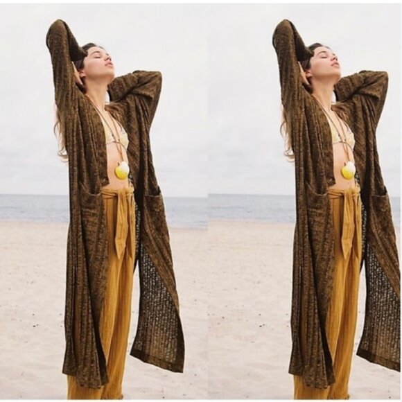 Free People Beach Nights Duster Ribbed Cardigan in Warm Tobacco Size Medium - Picture 1 of 10